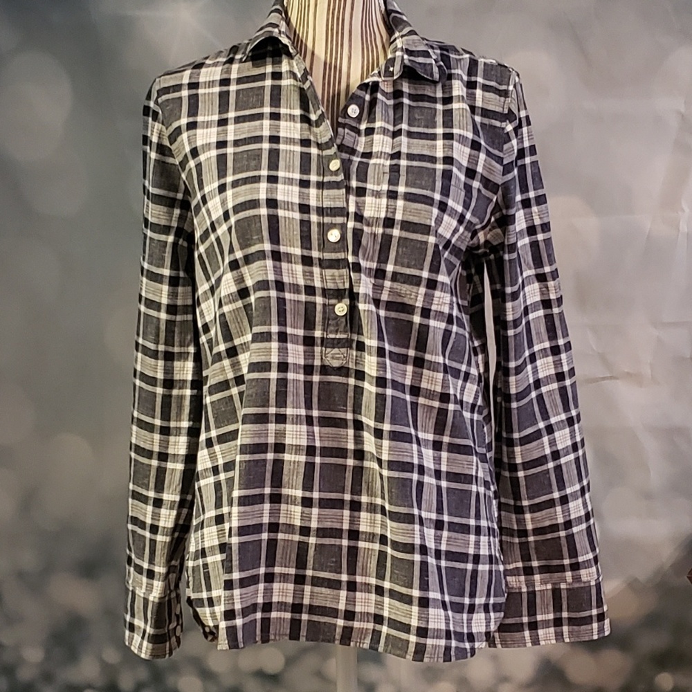 J Crew Navy & White Plaid 3/4 Button Down